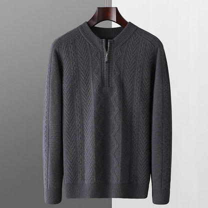 Men's diamond lattice pattern wool sweater with half zipper in dark blue colour