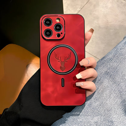 Elk magnetic suction phone case with cartoon design showing magnetic closure and imitation leather texture