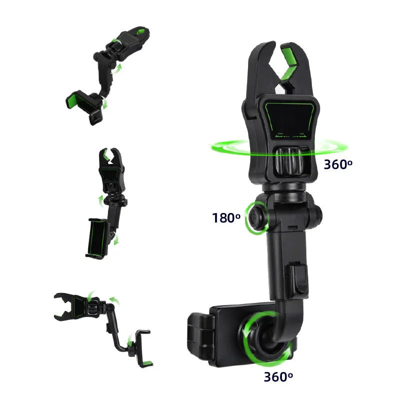 Car mobile phone holder with rear view mirror bracket, AR navigation pillow design for enhanced viewing angle, universal car accessory compatible with GM and general vehicles, available in black and green or black and grey ABS plastic construction
