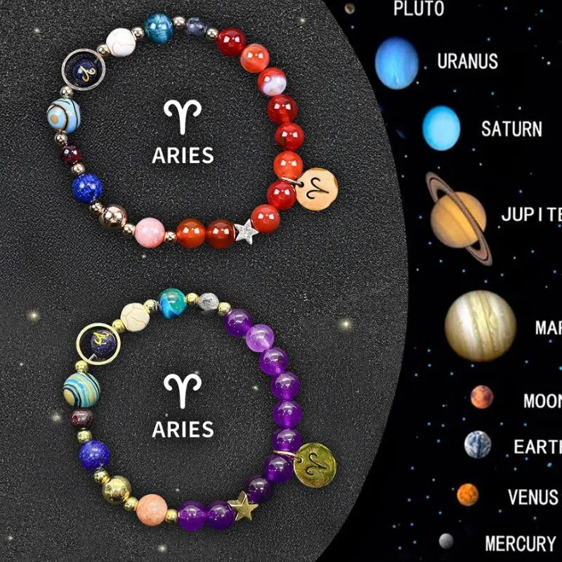 Adjustable natural stone zodiac bracelets showing 12 sign styles with 18-20cm cord