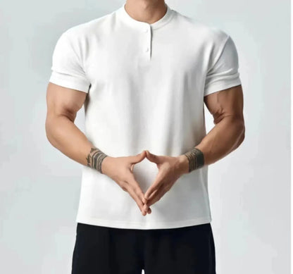 Men's loose fit retro T-shirt shown in black with a Henry collar on a mannequin.