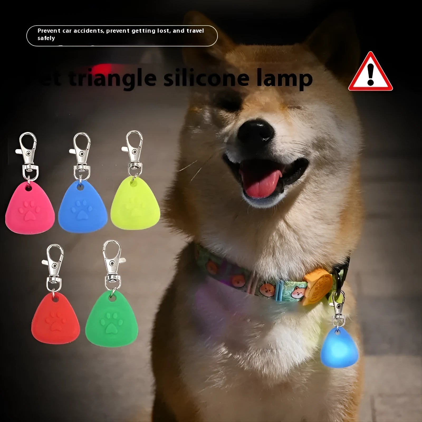 Silicone triangle-shaped light-up pendant pet ornament in one of five colours: red, pink, blue, green, or yellow.