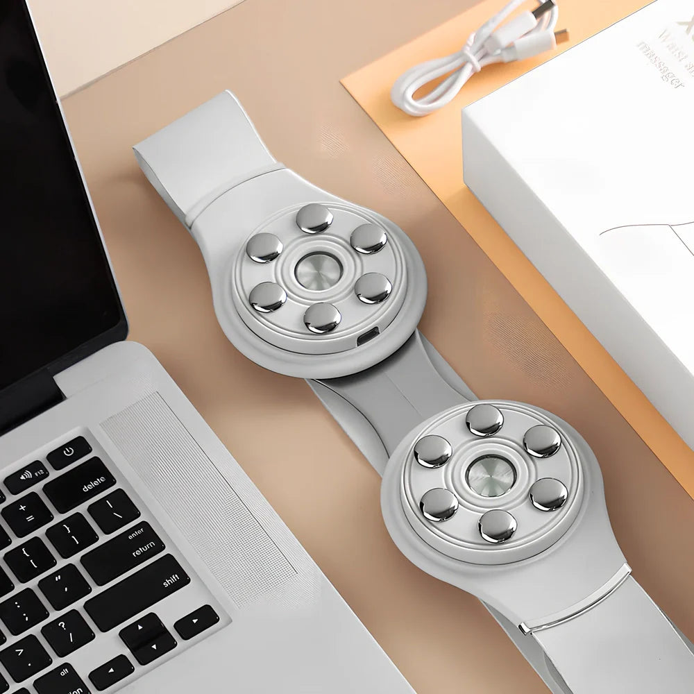 White far infrared lumbar massage belt measuring 25x8.5cm with Type-C charging port