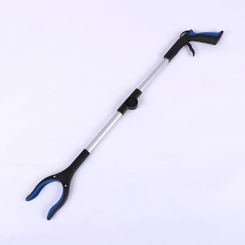 Foldable aluminium garbage clamp with extended pole and magnet sucker on blue handle.