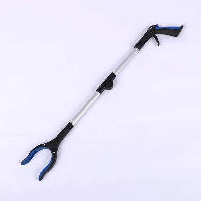 Foldable aluminium garbage clamp with extended pole and magnet sucker on blue handle.