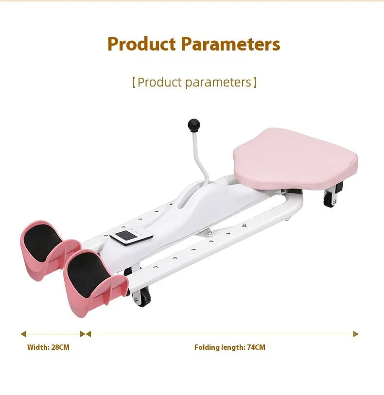 Steel-framed leg stretching equipment with foam padding in pink or blue, optional backrest version available