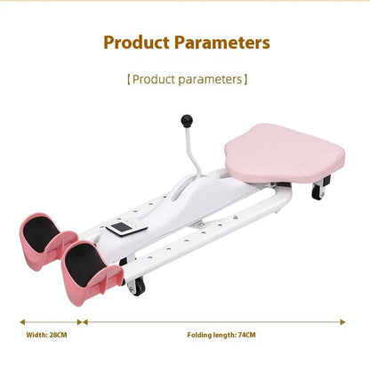 Steel-framed leg stretching equipment with foam padding in pink or blue, optional backrest version available