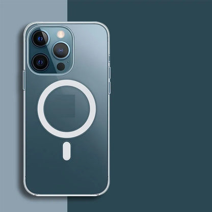 Transparent magnetic phone case for iPhone showing integrated MagSafe ring and 0.8mm thin profile