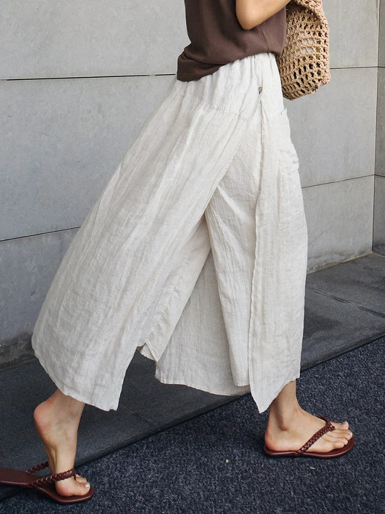 Elegant linen wide-leg culottes with double pockets in hemp and black colors