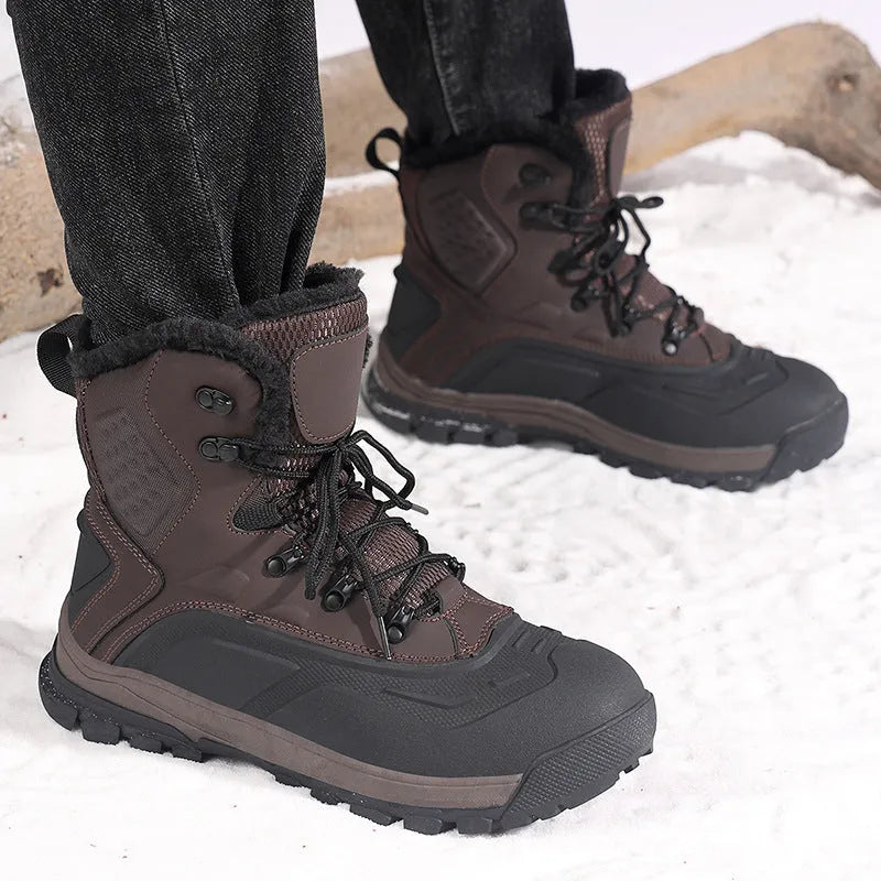 Men's black high-top winter boots with fleece lining and lace-up front on a flat heel
