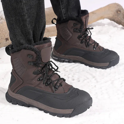 Men's black high-top winter boots with fleece lining and lace-up front on a flat heel