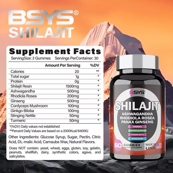 BSYS 8IN1 Shilajit Gummies 60's bottle with natural energy boost supplement