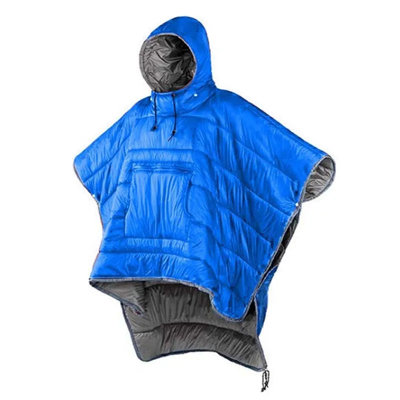 Adult outdoor cloak sleeping bag in Army Green or Grey, showing wearable design and 200x140cm dimensions