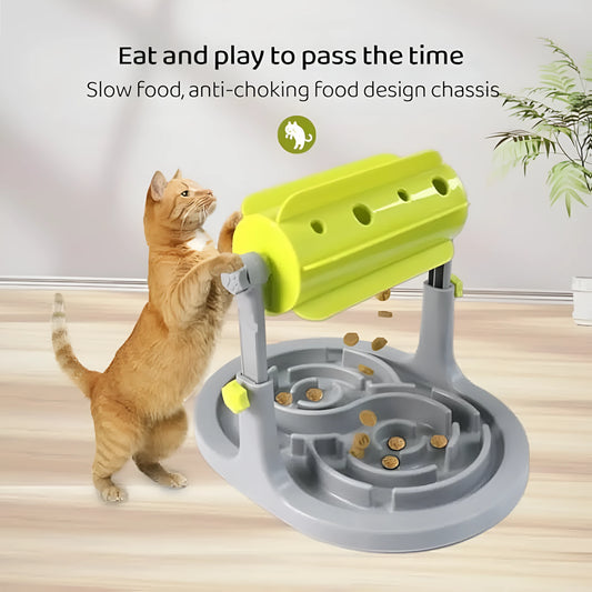 Blue adjustable height pet puzzle feeder with raised food tray patterns for slow eating