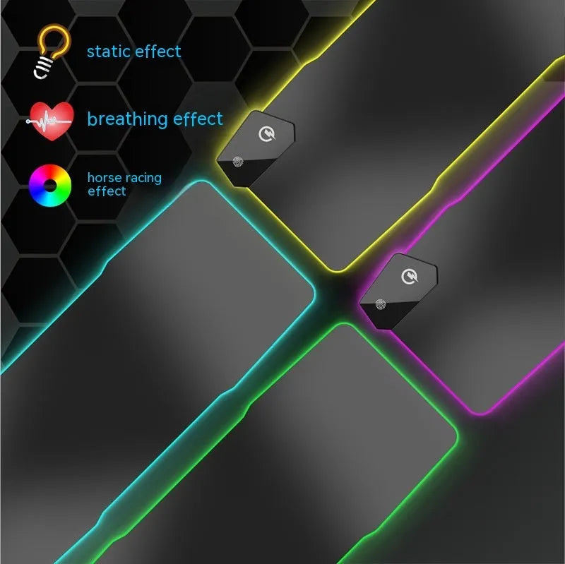Black luminous gaming mouse mat with mech style graphics, water-repellent cloth surface, and USB cable