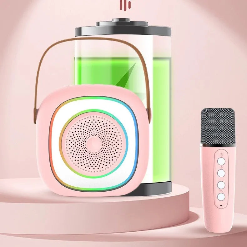 Home wireless karaoke microphone system with Bluetooth audio transmitter, available in six colour options including black, white and pink with single or double wheat design, featuring card insertion and LED lighting functions for home entertainment use