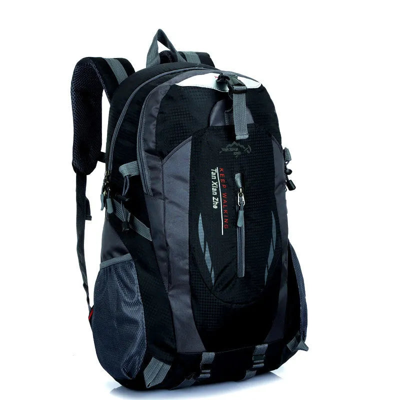 Large red outdoor travel backpack made of oxford cloth, showing front compartments and carrying straps.