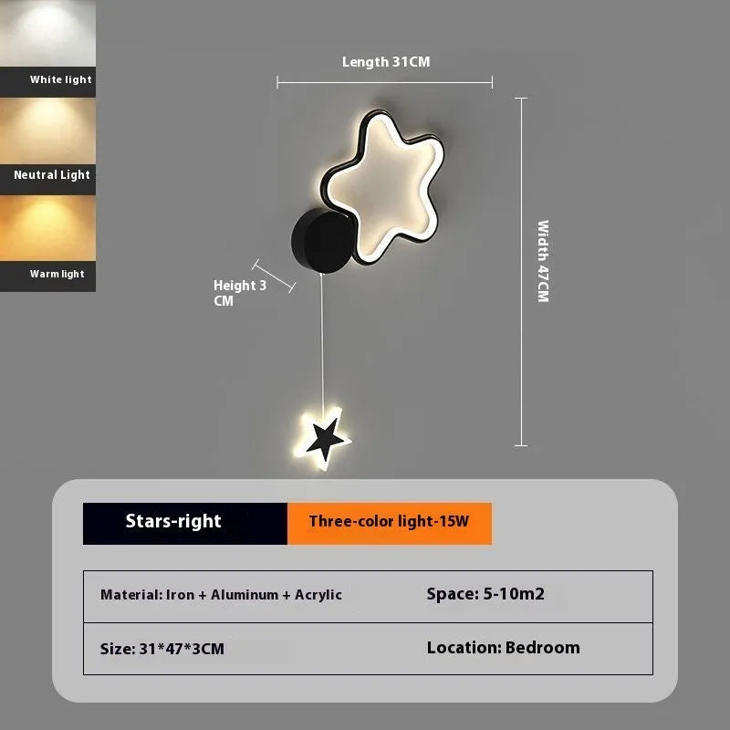 Black five-pointed star shaped children's wall lamp with a left-facing cloud design and touch control for three colour LED light.