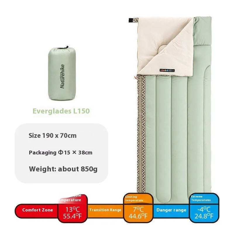 Four seasons camping sleeping bag with dirt-resistant fabric in Jiangnan Spring colour, showing 190x75cm dimensions and storage bag