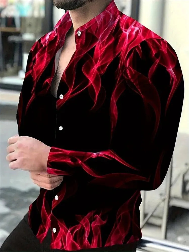 Man wearing a loose-fit, long sleeve Hawaiian shirt with a floral pattern