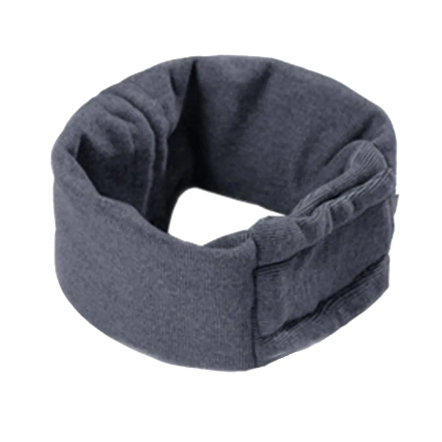 Black dog calming hoodie head wrap covering ears, shown on a dog as a hood and neck scarf.
