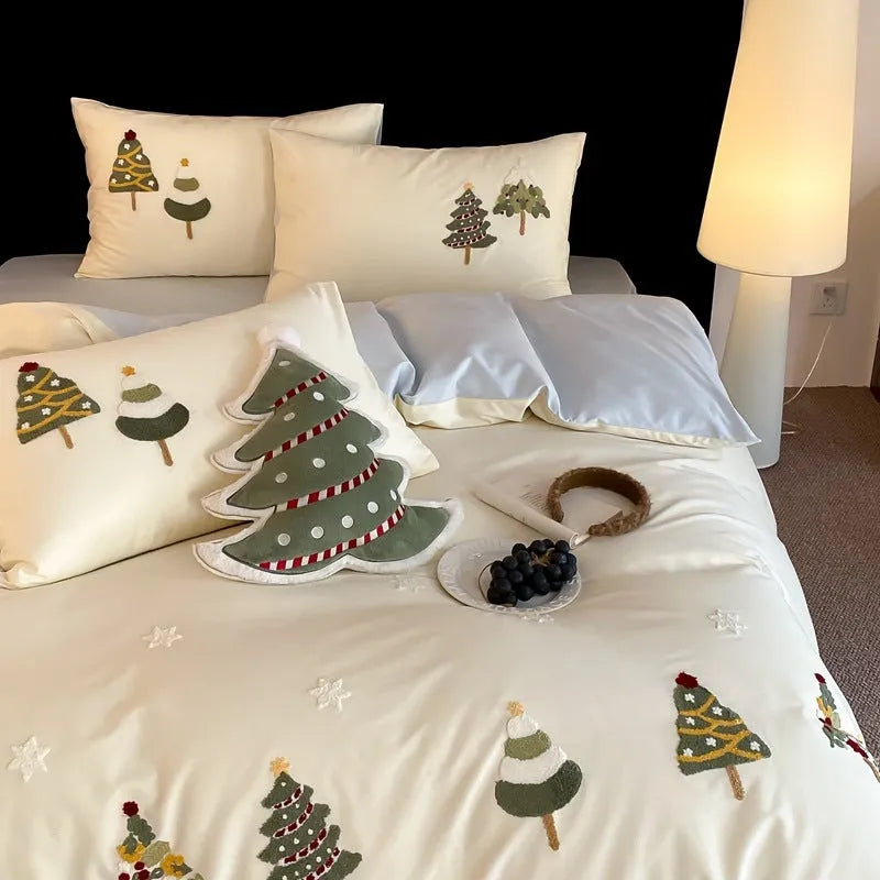 Christmas tree embroidered cotton bedding set with quilt cover, sheet, and pillowcases in cream blue or green green