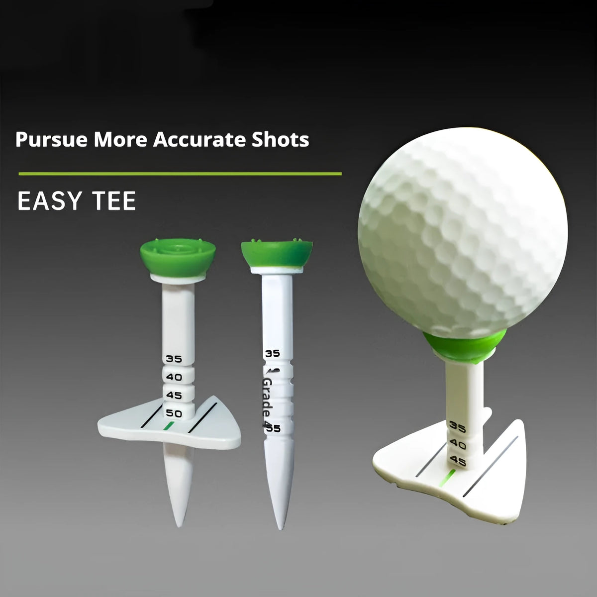 Golf tee ball nail holder in silicone reinforced plastic with aiming direction marker, shown in red, green, blue, or orange