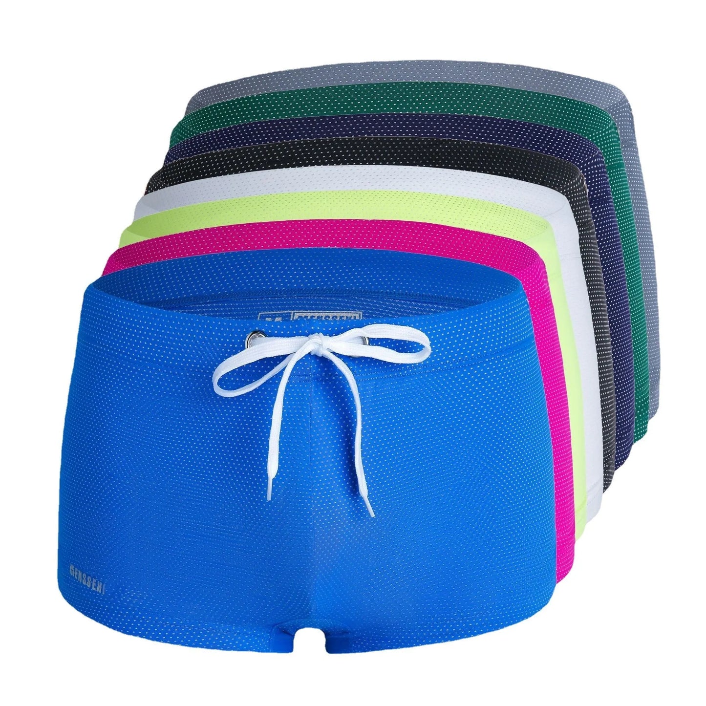 Men's low waist boxer style swimming trunks in nylon, available in multiple solid colours.