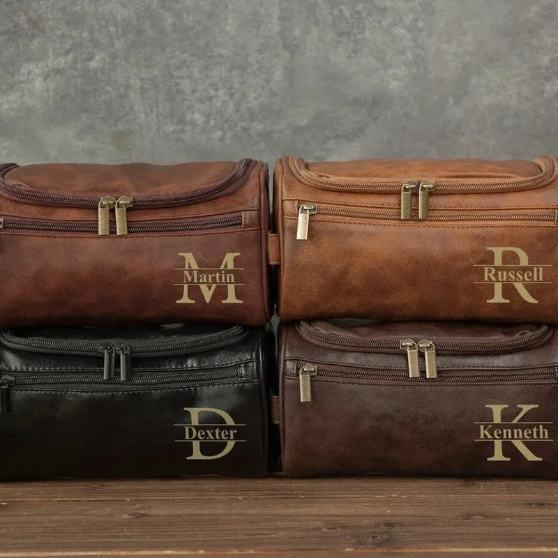 Leather-look PU men's travel and toiletry bag with four colour choices including black, brown, dark brown, and light brown, designed for home storage or casual travel with a spacious single-compartment design.
