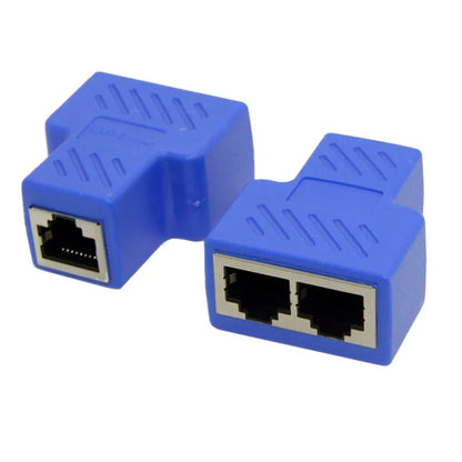 RJ45 network cable splitter adapter showing white, yellow, red, blue, and black colour options with standard Ethernet connectors