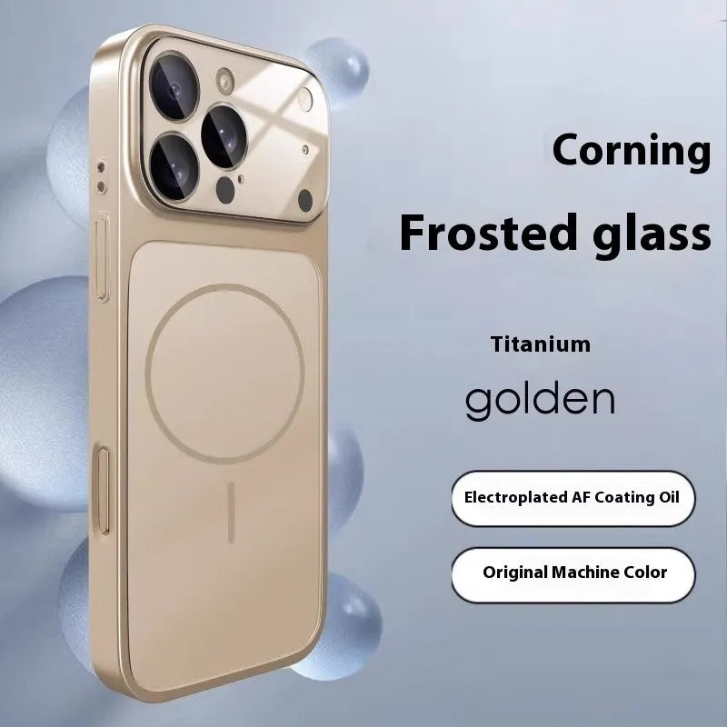 Frosted tempered glass iPhone case with magnetic ring on back, shown in titanium colour.