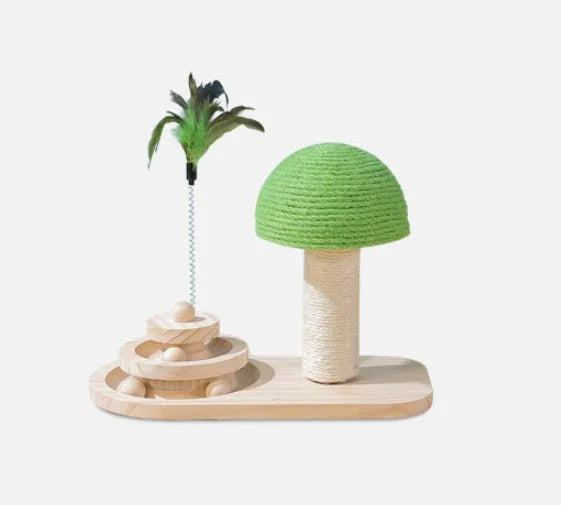 Solid wood cat scratching post with suspended sisal balls for interactive playtime and exercise