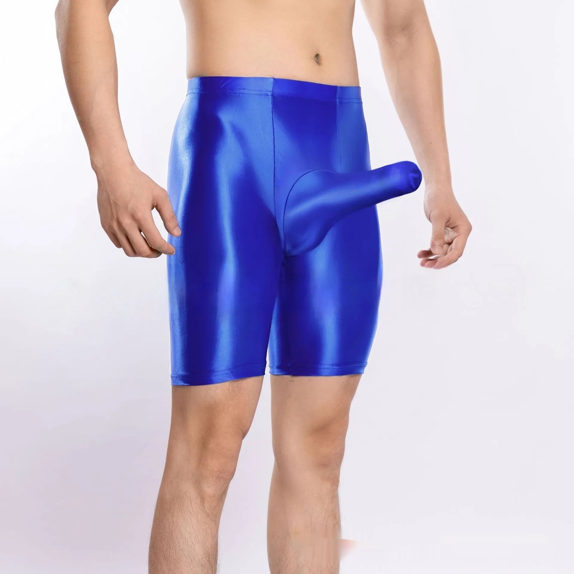 Men's plus size shiny silky nylon sports shorts displayed in multiple colours.