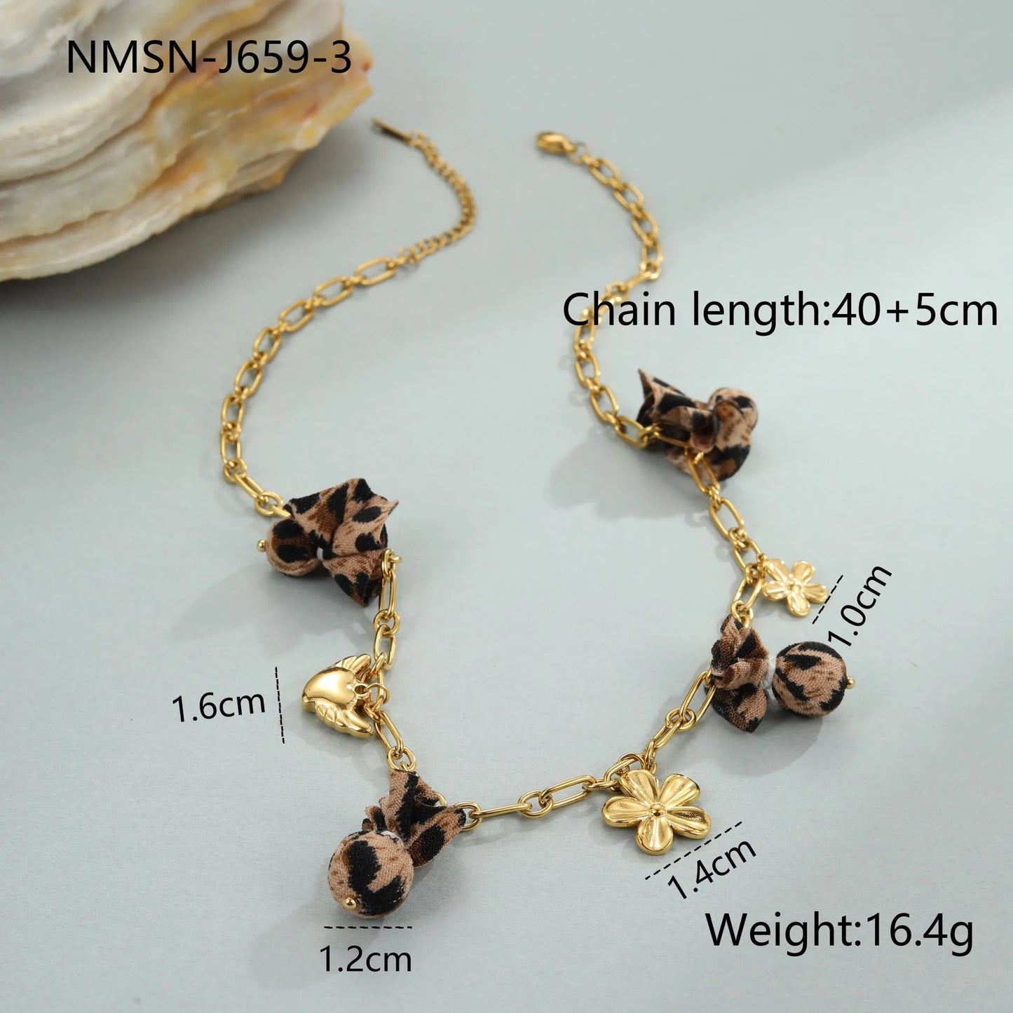 Geometric leopard pendant necklace with love heart flowers on adjustable stainless steel chain