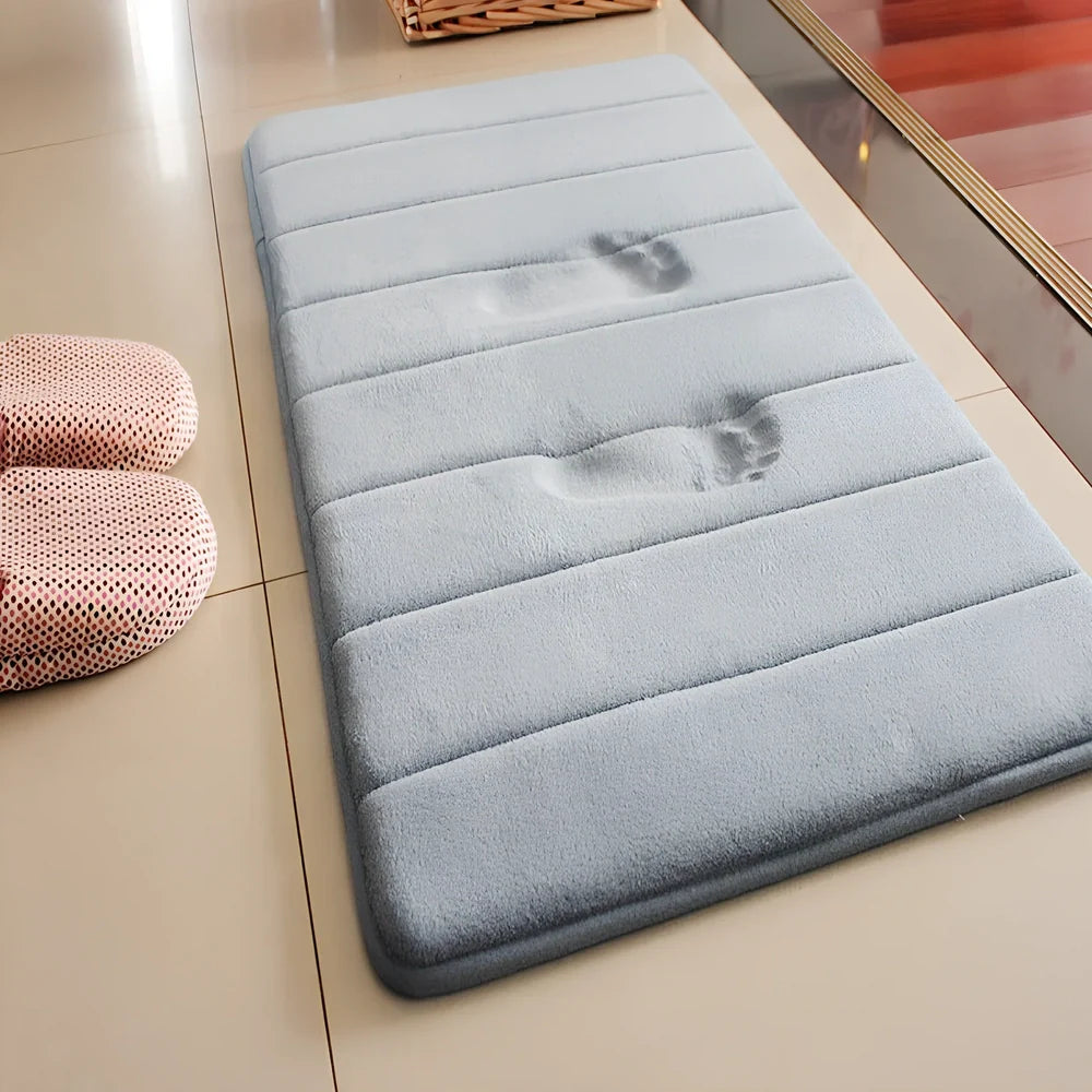 Memory foam bathroom carpet with coral fleece surface and non-slip latex backing in beige colour