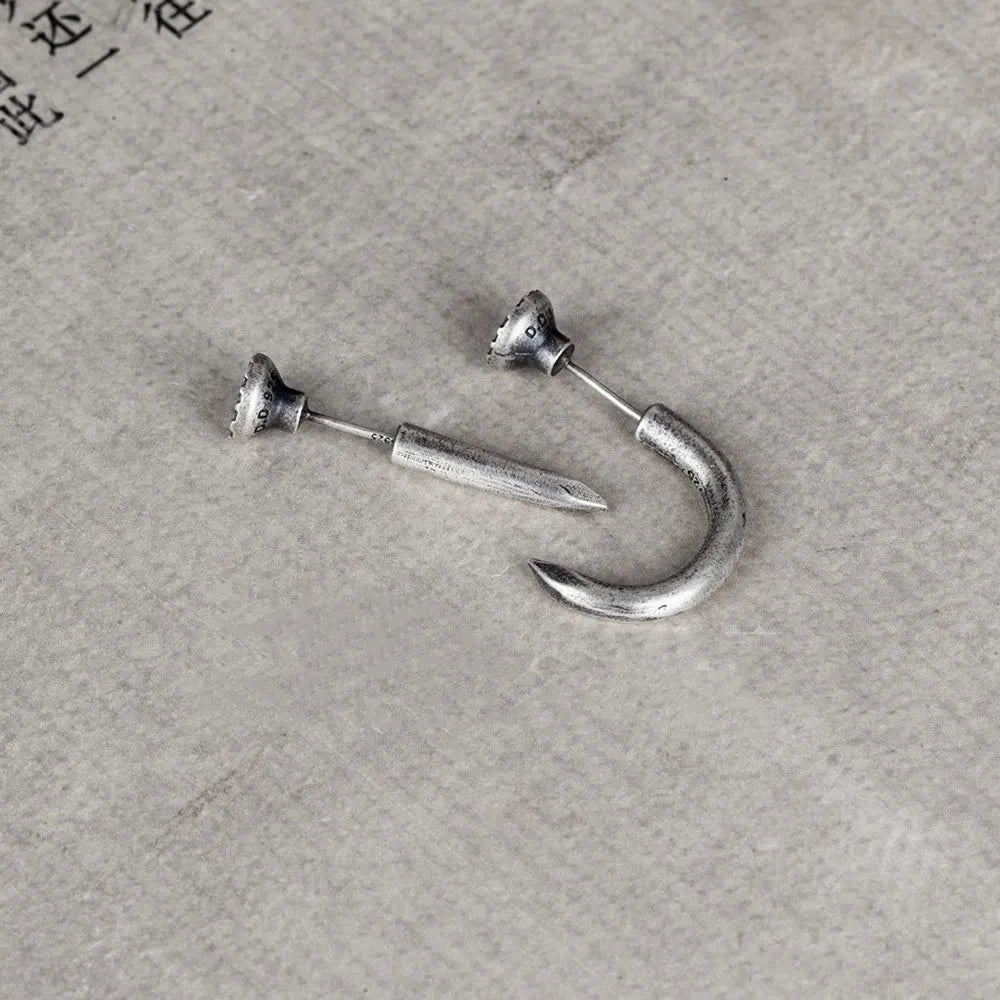S925 sterling silver single stud earring featuring a straight or curved nail punk design.