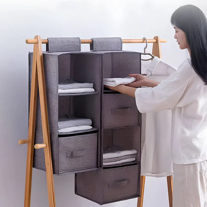 Cotton hanging storage bag with multiple drawers measuring 24.6cm each