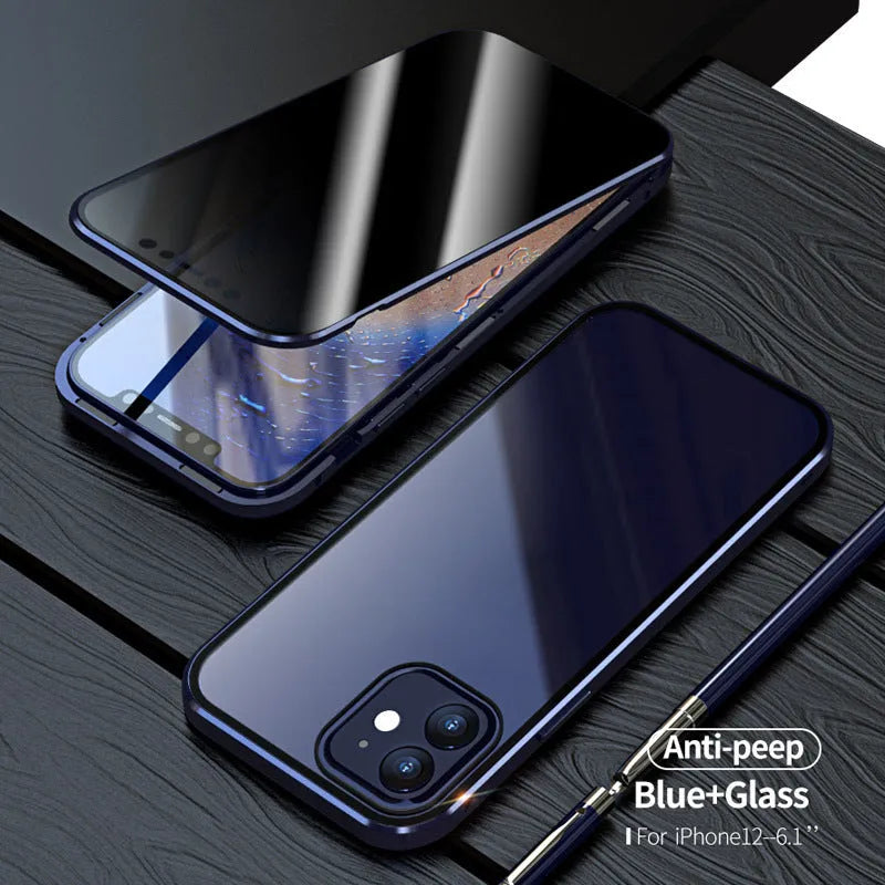 Magnetic privacy glass iPhone case showing anti-spy screen protection and metal frame with colour options