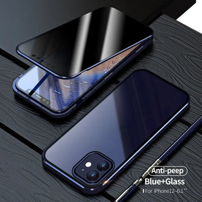 Magnetic privacy glass iPhone case showing anti-spy screen protection and metal frame with colour options