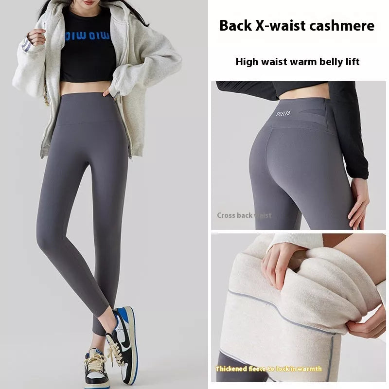 Women's high waist nylon leggings with plush interior for winter warmth in black, grey, and coffee color