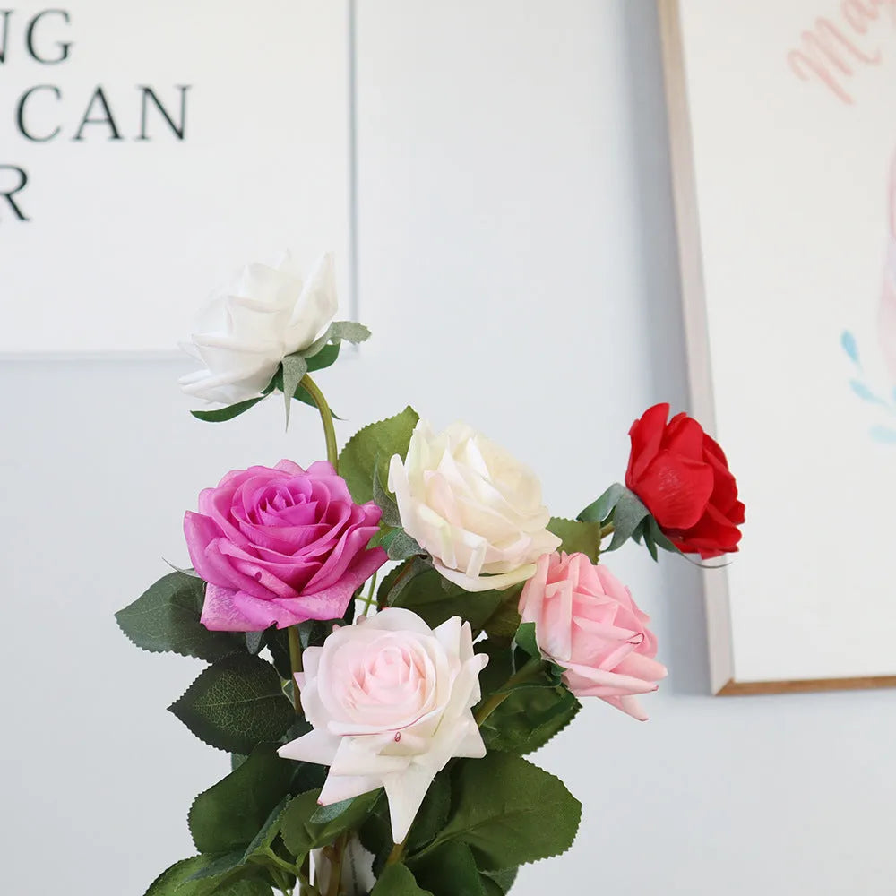 Artificial silk touch rose with fabric petals, approximately 42cm long, in a selection of colours