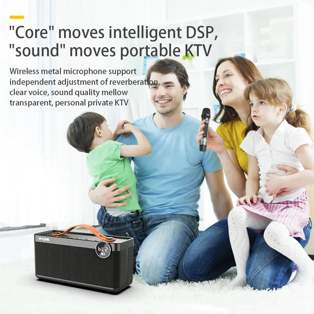 Black portable Bluetooth speaker with microphone, 215.3 x 86.3 x 109mm, USB charging, for calls and music