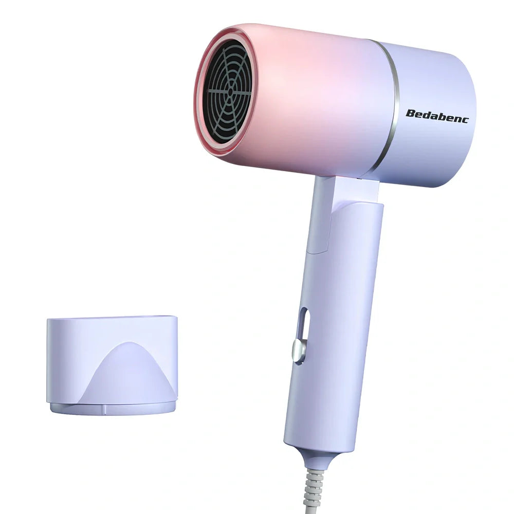 Gradient leafless hair dryer with blue light display and two nozzle attachments