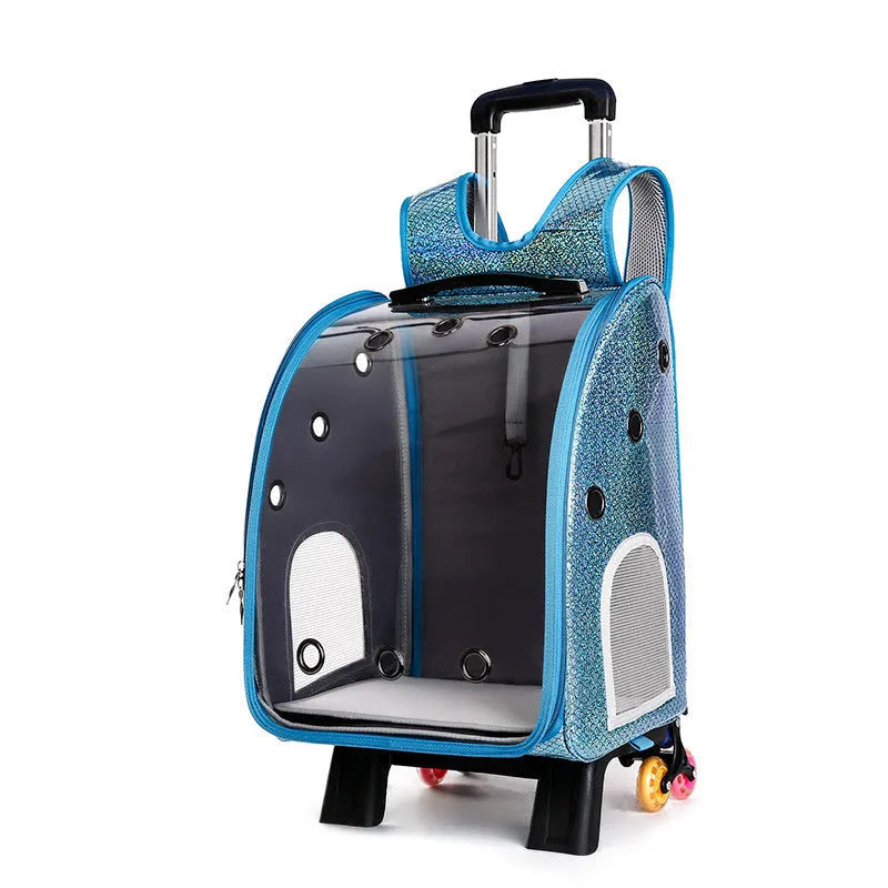 Blue transparent folding pet trolley carrier bag for small dogs and cats on wheels.