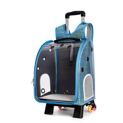 Blue transparent folding pet trolley carrier bag for small dogs and cats on wheels.