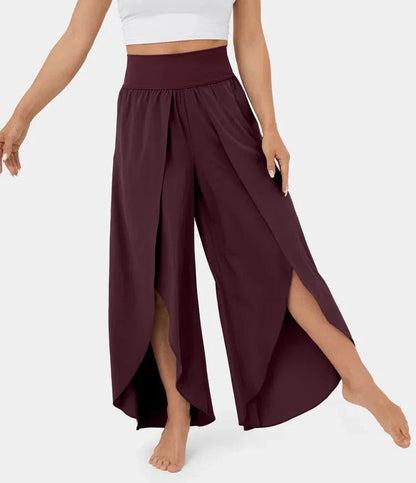 Loose split yoga pants with high waist and wide leg design in various colors