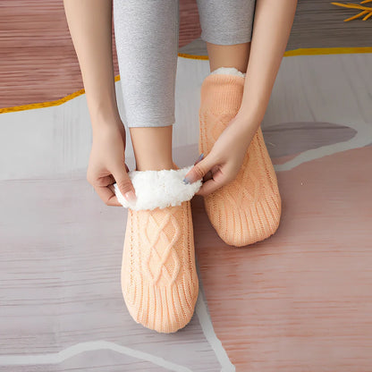 Winter woolen socks with V-opening design and anti-slip dots on soles in navy blue colour