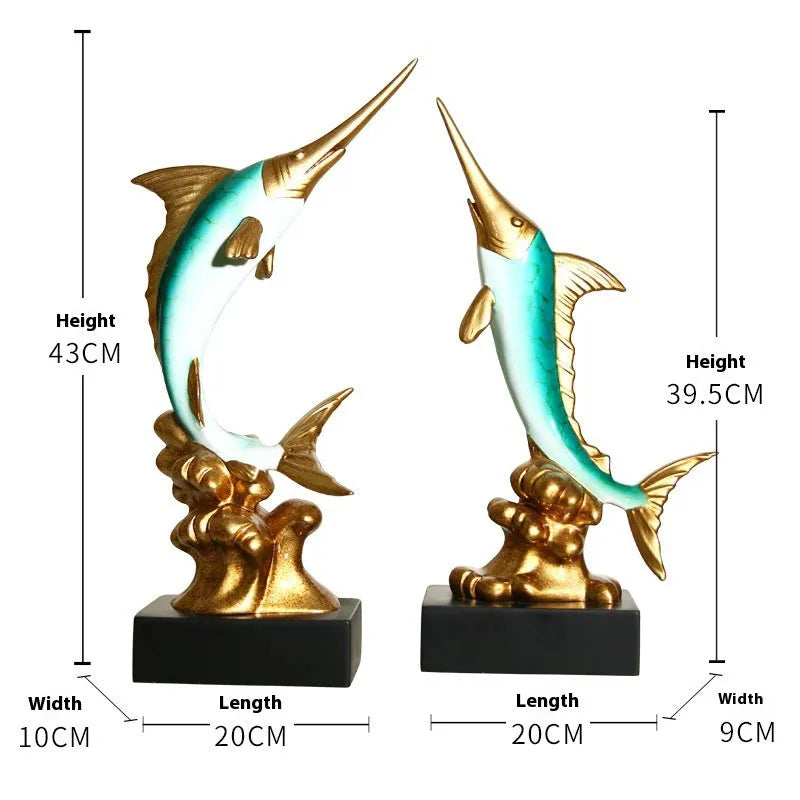European-style swordfish resin ornament in Brilliant Gold, Coral Red, Lake Blue, or Sea Green colour options