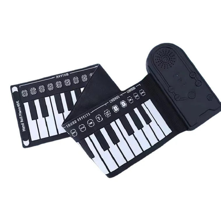 49-key folding electronic keyboard in gloss black with built-in speaker, unfolded to show silicone rubber keys and ABS plastic control panel