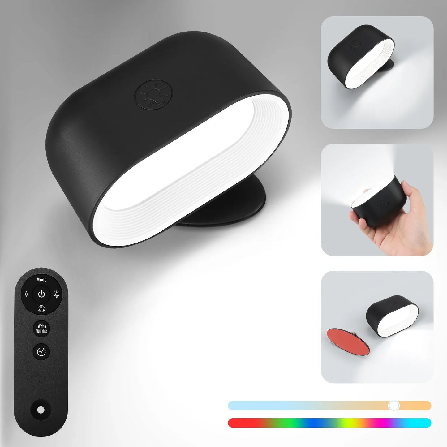 White remote touch magnetic wall lamp with oval light, showing 360-degree rotation and remote control for colour changing.